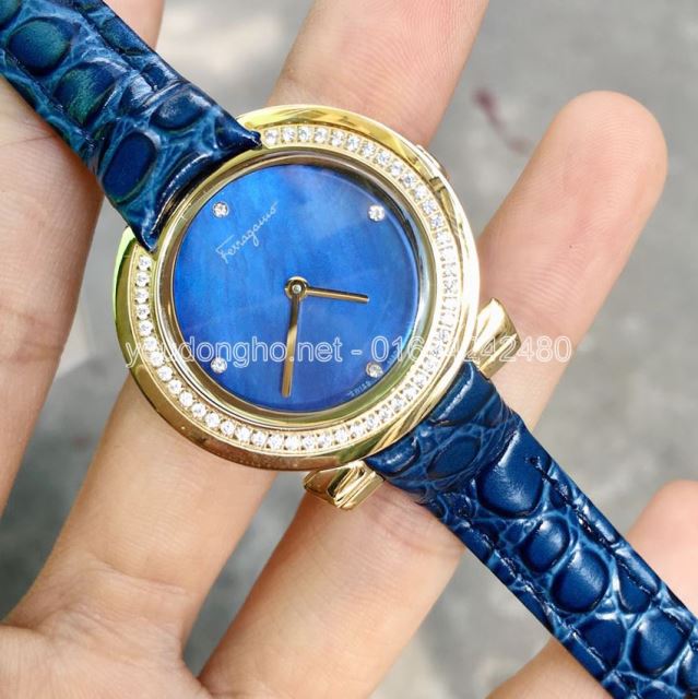 Đồng hồ Nữ Ferragamo Dây Da Viền Hột - Màu Xanh- FER04